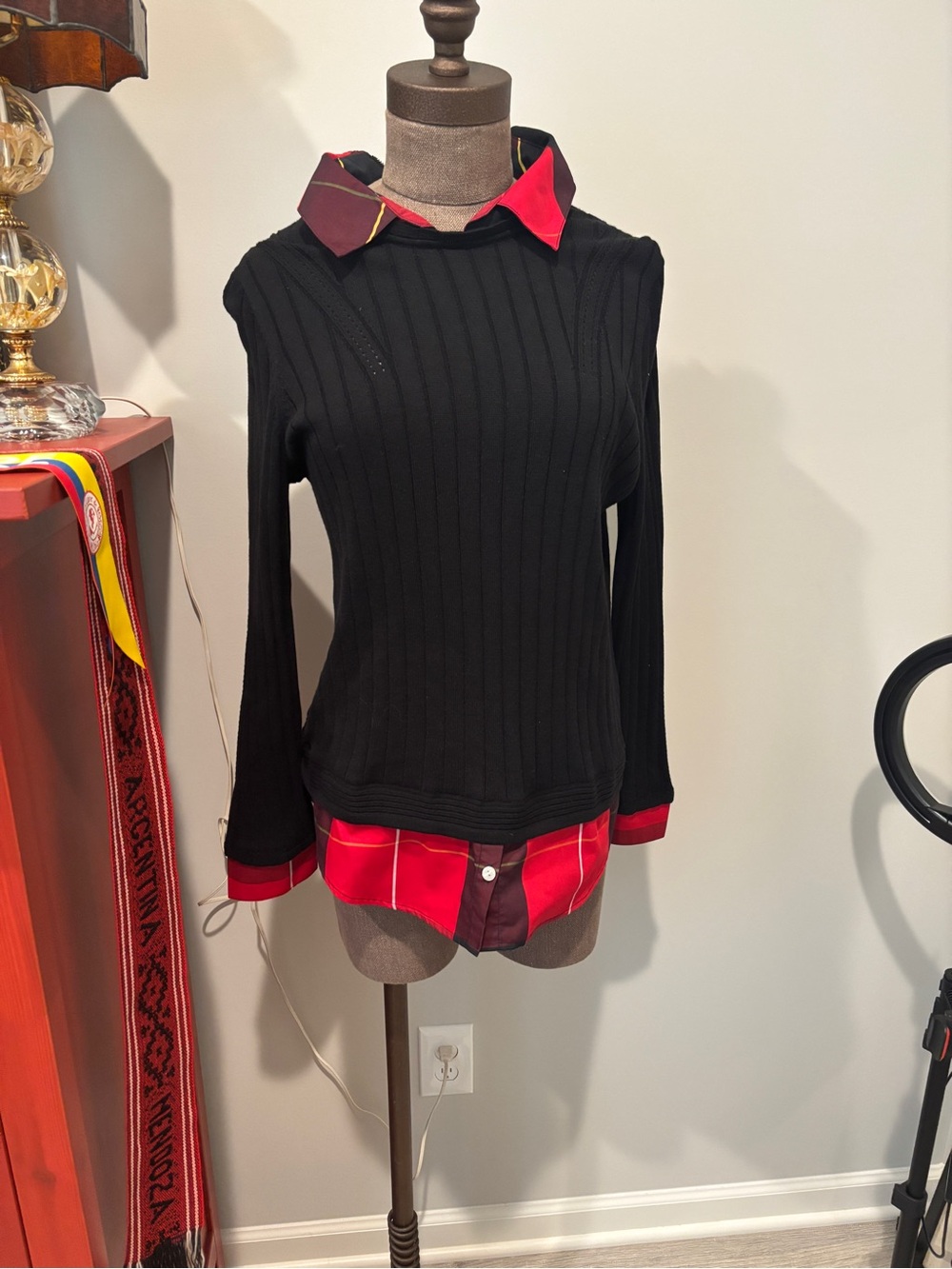 Foxcroft Black Ribbed Crewneck Sweater with Red Plaid Trim